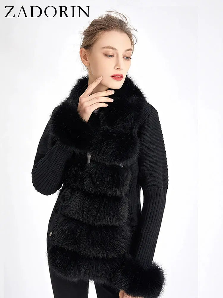 ZADORIN Fall Winter Women Faux Fur Coat Luxury Knitted Sweater Fur Cardigan Detachable Collar White Pink Jacket Faux Fur Coats ZITA LA BELLE ÉLITE