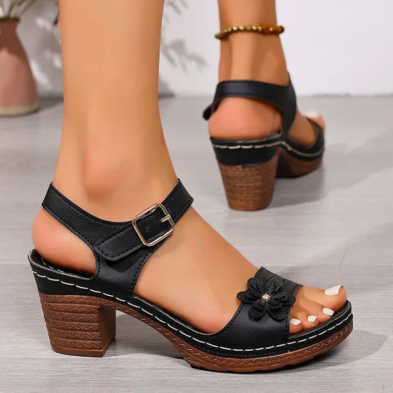 Vintage flower ankle strap sandals for women with thick heels, in plus size, featuring elegant summer design and comfortable high heel.