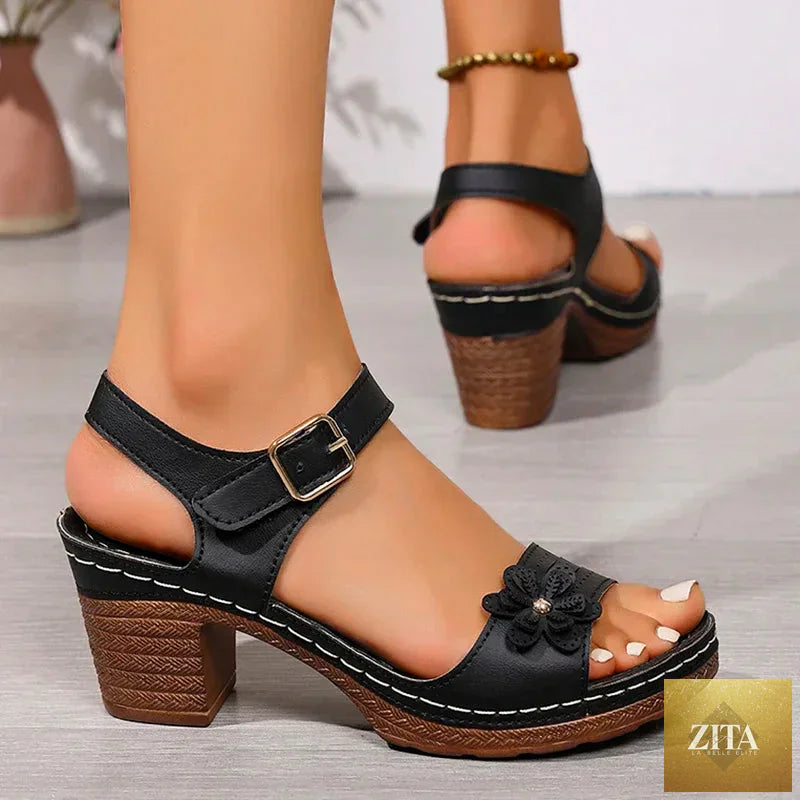 Vintage flower ankle strap sandals for women with thick heels, in plus size, featuring elegant summer design and comfortable high heel.