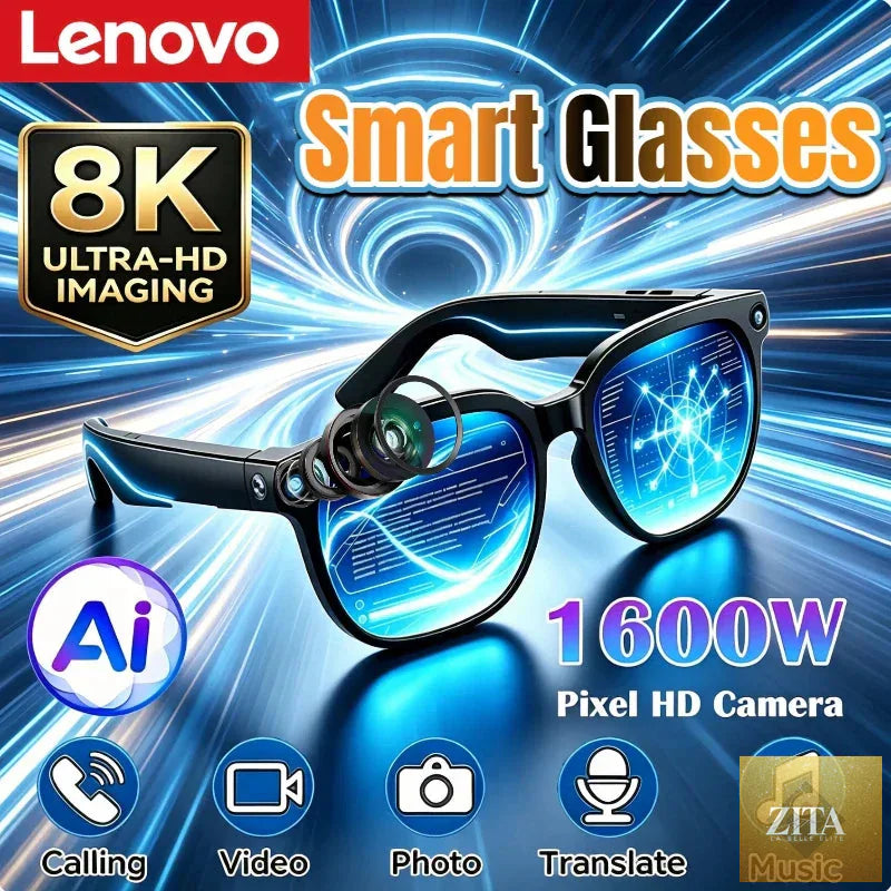 Lenovo smart glasses with touch control, 8K HD camera, Bluetooth, voice assistant, and AI translation for adults.