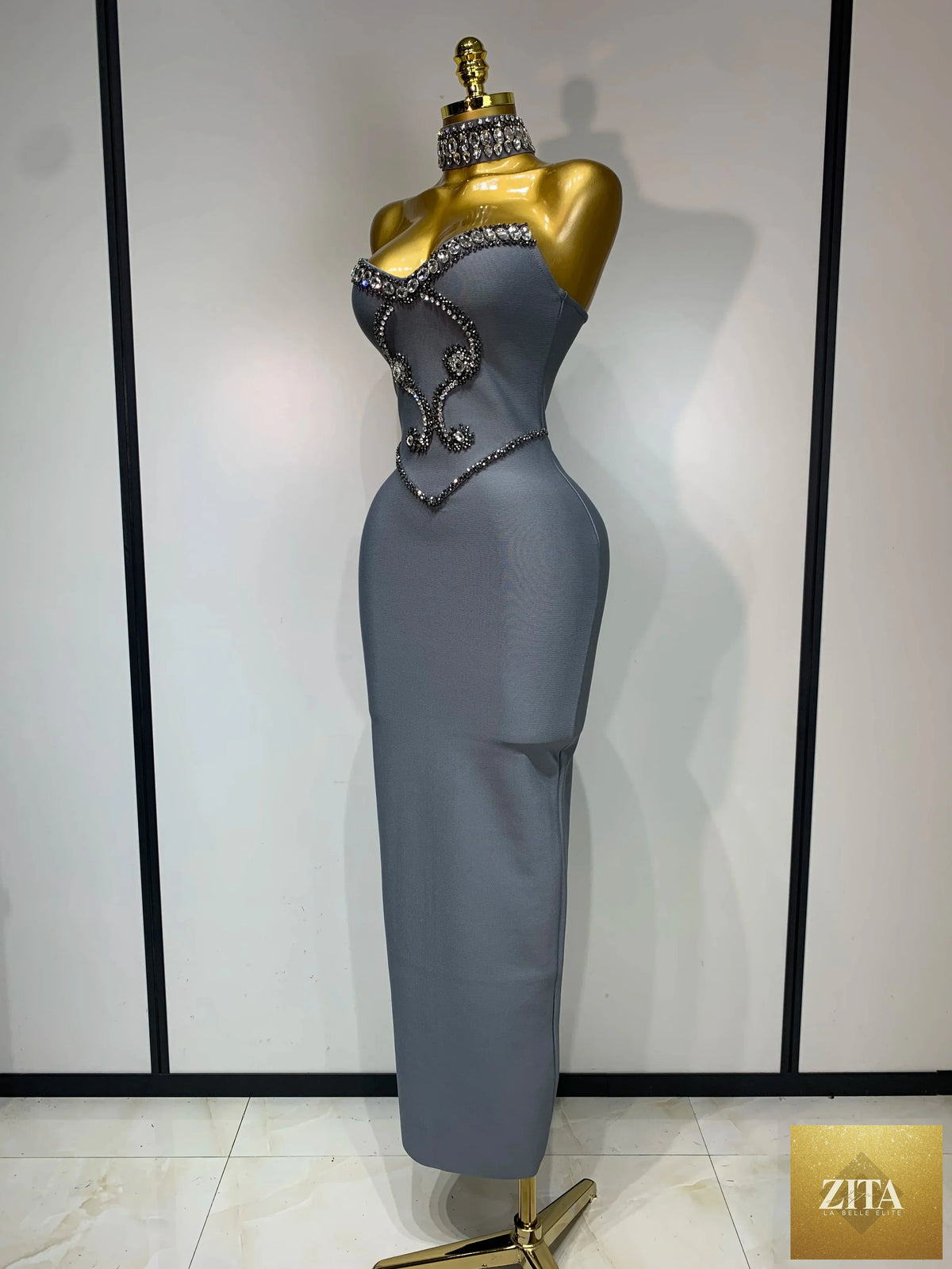 Elegant strapless beaded bandage dress by FLIPSTYLEZLLC featuring a celebrity-inspired design for evening parties and special occasions.