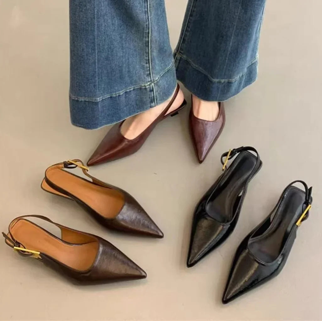 Elegant women's summer slip-on sandals featuring pointed toes, slingback design, thin heel, and stylish dress mule silhouette.
