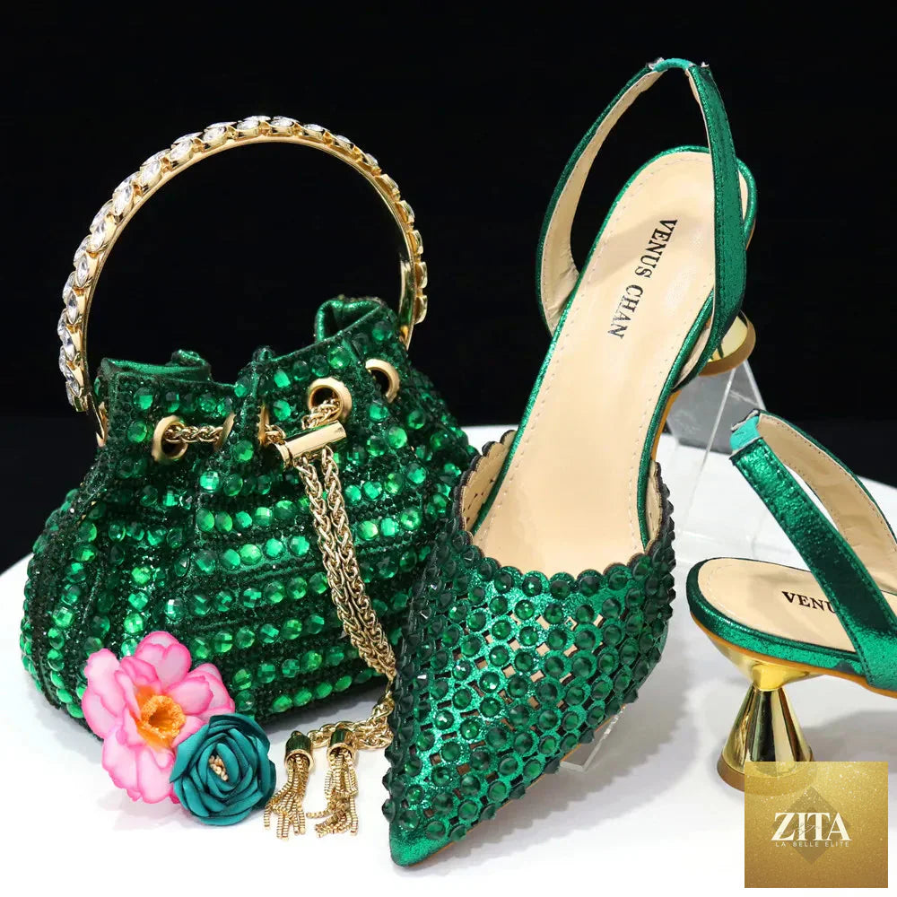 Luxurious EdleessFashion diamond design shoe and bag set featuring elegant footwear and matching accessories.