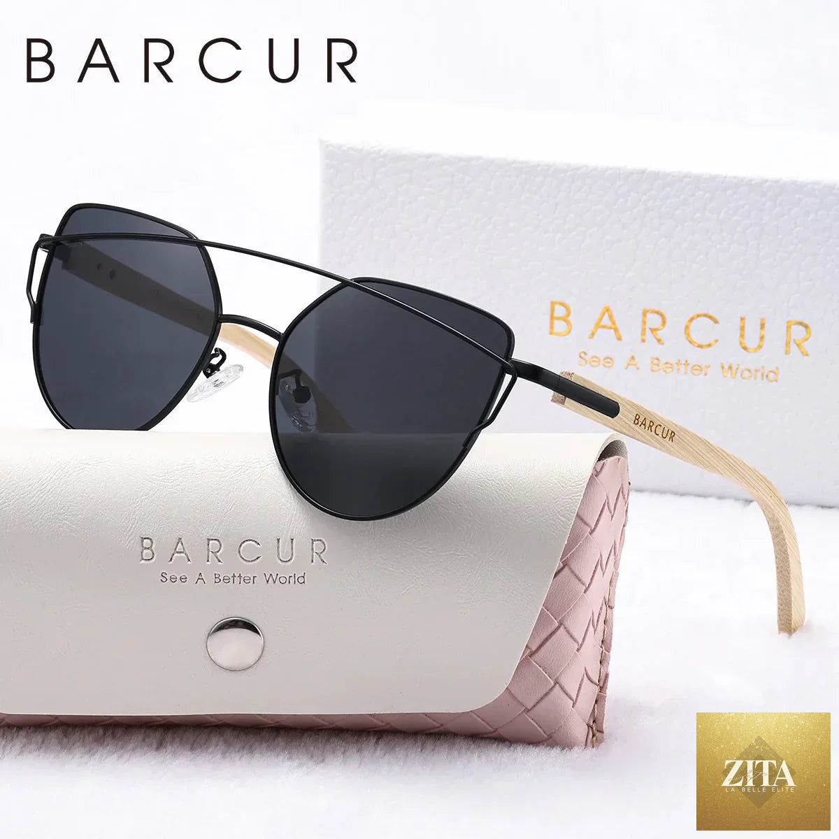 Stevvex BARCUR luxury women's polarized cat eye sunglasses with bamboo frames and mirrored lenses on white gift box for summer.