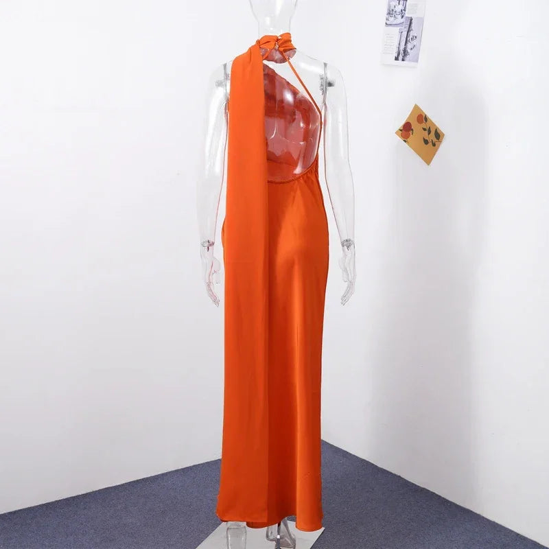 Backless lace-up Femstylo maxi dress with sleeveless design, perfect for evening parties and special occasions.
