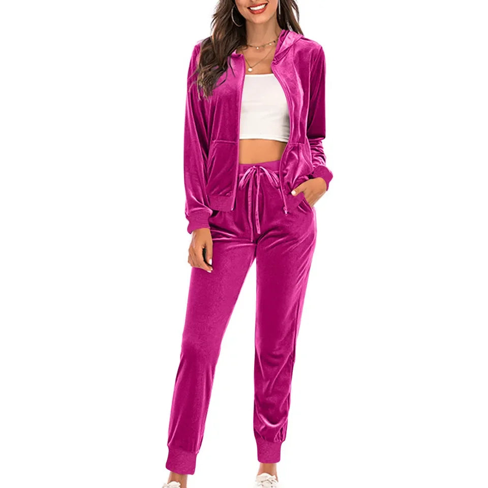 Women Autumn Velvet Tracksuit 2 Piece Sweatshirt Sweatpants Set Full Zip Hoodie