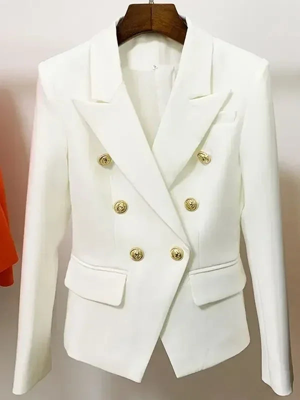 Women’s leather blazer by Femstylo featuring double-breasted design with metal lion buttons, available in sizes S to 5XL.