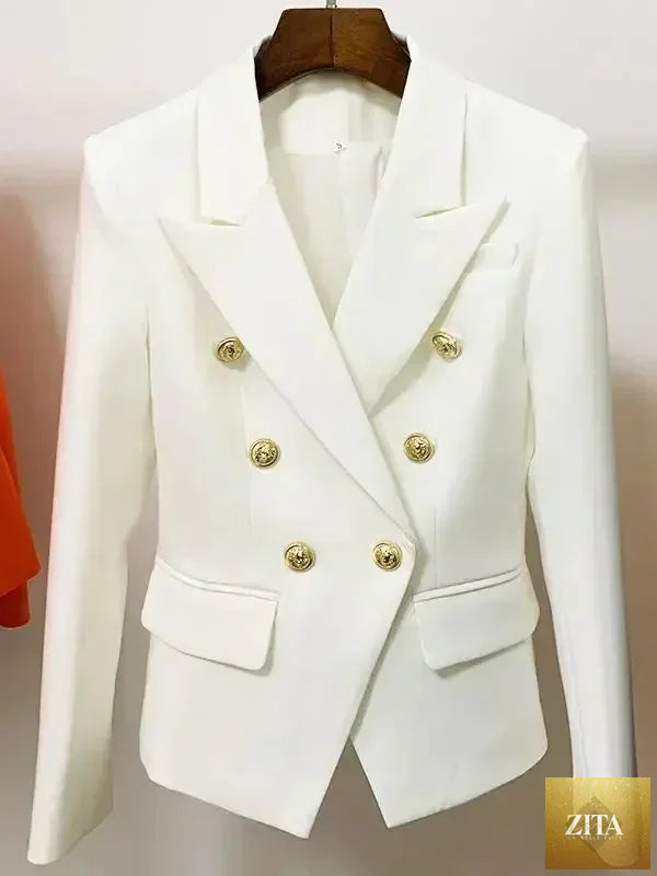 Women’s leather blazer by Femstylo featuring double-breasted design with metal lion buttons, available in sizes S to 5XL.