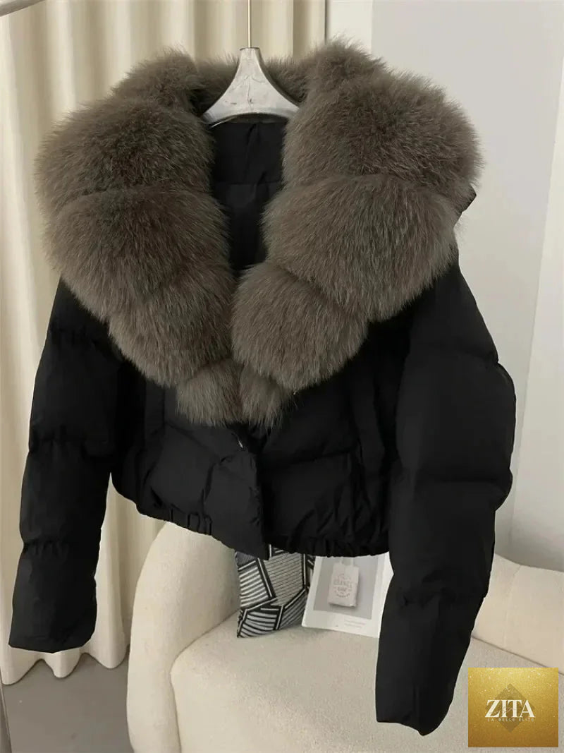 Down Jacket Women Short Puffer Jacket Thick New Big Natural Real Fox Fur Coat Autumn Winter Female White Duck Down Coat Feather