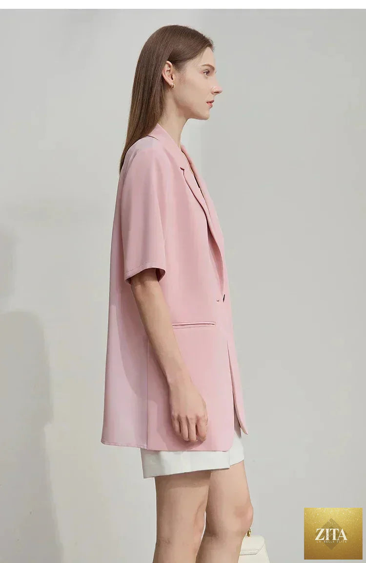 Femstylo Amii Women's Summer Blazer with notched lapel, contrast patchwork, short sleeves, and one-button front.