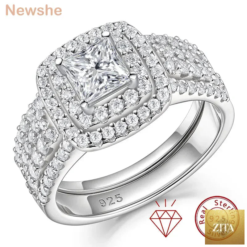 Luxury Newshe certified moissanite wedding ring set for women, featuring halo princess cut stones in 925 sterling silver jewelry.