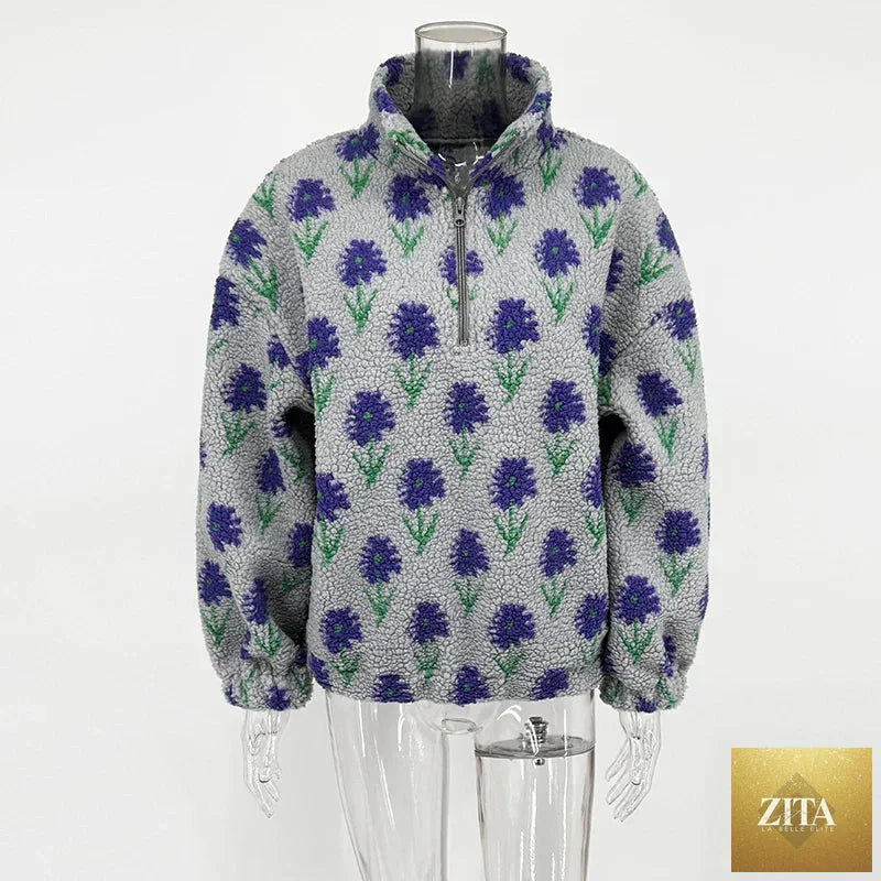 LadyShow Women's fleece printing sweatshirt with half-zip, loose fit, turtleneck, ideal for winter leisure and casual wear.