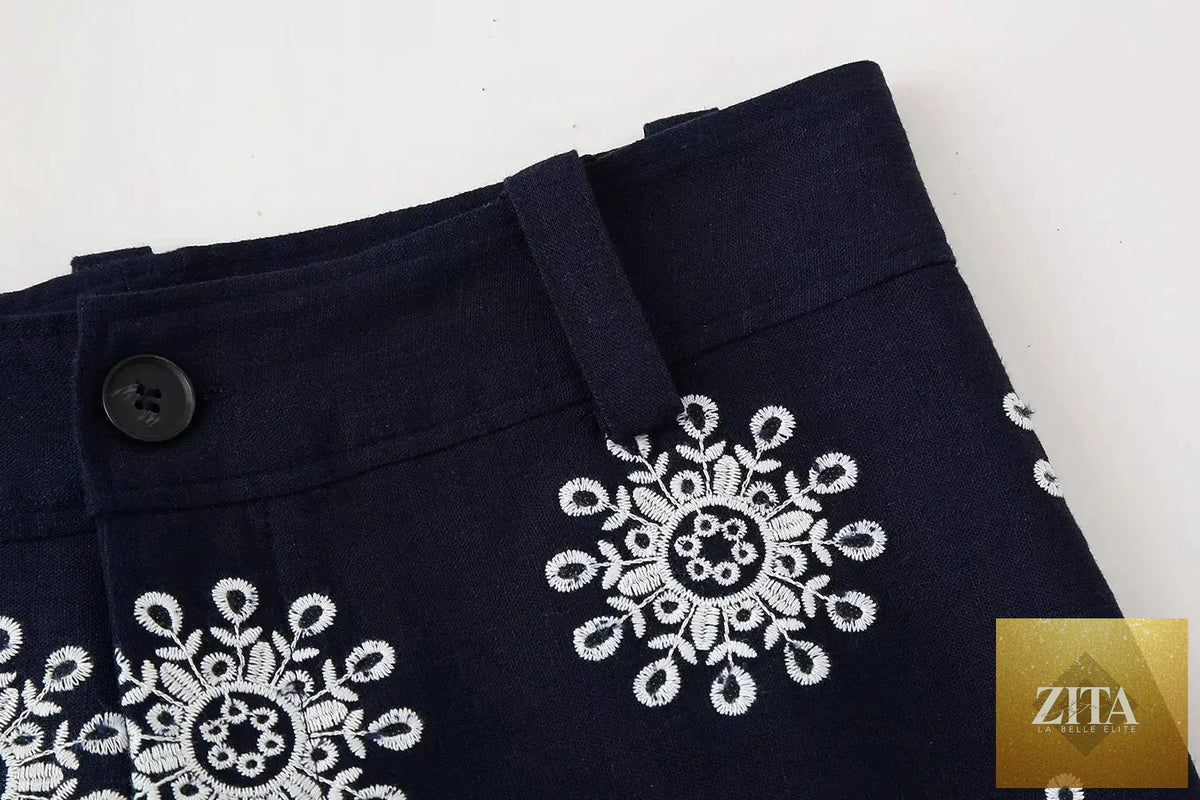 Navy blue floral embroidery cropped pants for women by Ladyez, featuring a casual summer zip design and stylish fit.