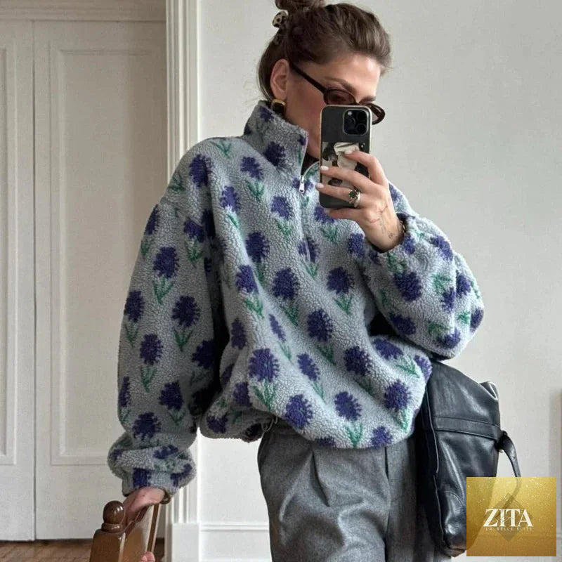 LadyShow Women's Fleece Printing Half-Zip Sweatshirt with loose turtleneck, cozy winter leisure pullover in black and white print.