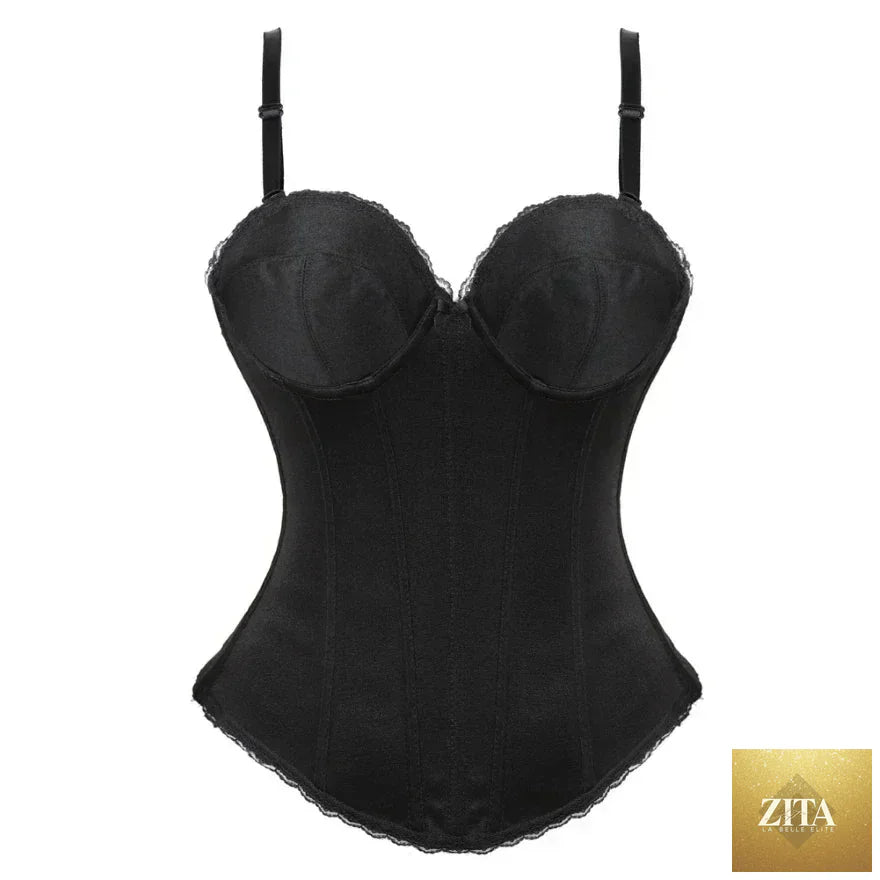 Black and white overbust corset top with adjustable straps, cotton bustier for lingerie, body shaper, and wedding underwear by Femstylo.
