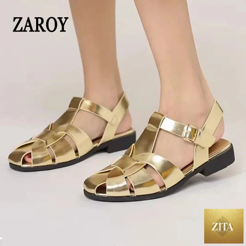 LadyShow.Store ZAROY women’s summer flat sandals with elegant design, casual soft beach shoes, perfect for office or casual wear.