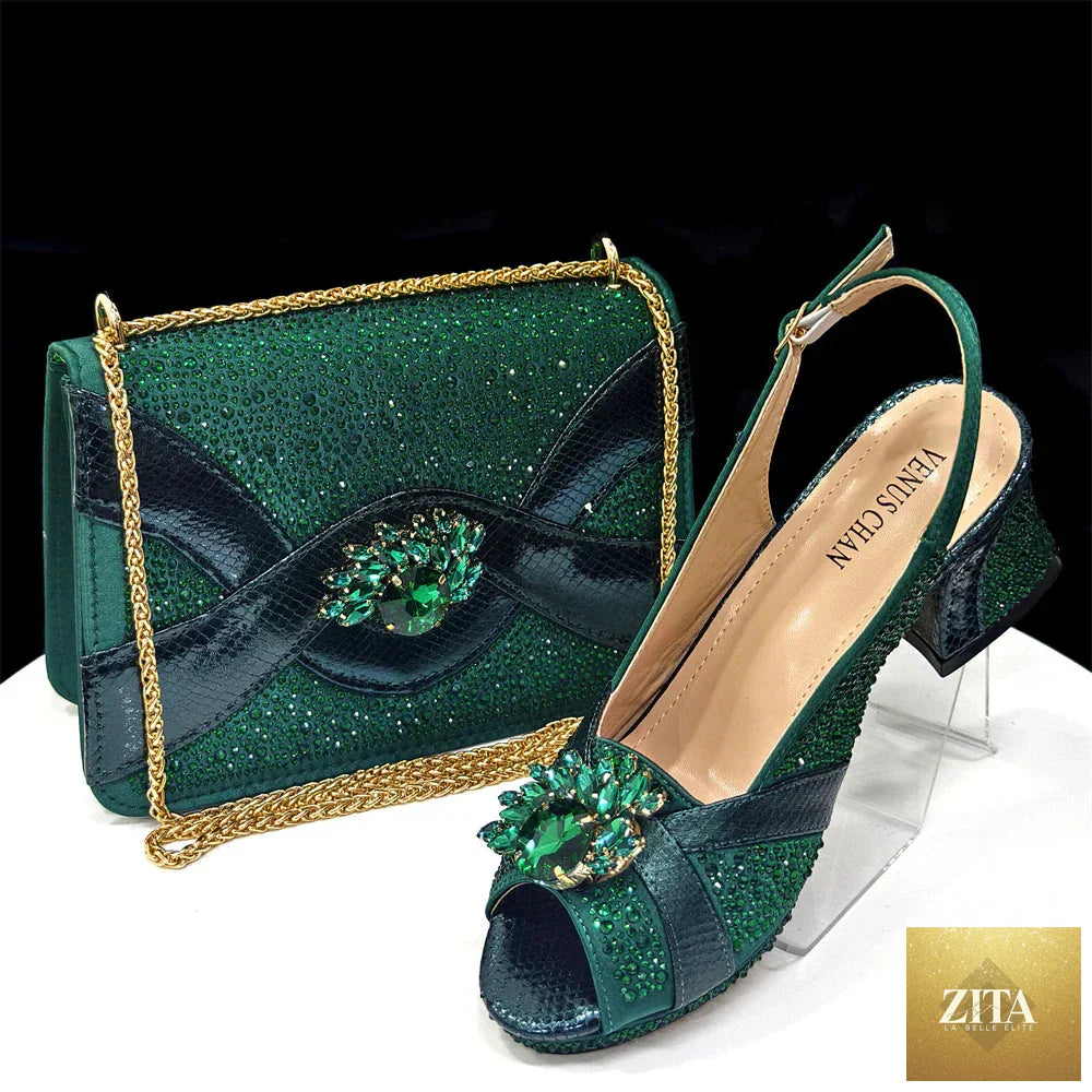 Elegant women's peep-toe heels and matching bag set by EdleessFashion, featuring luxurious design and stylish accessories.