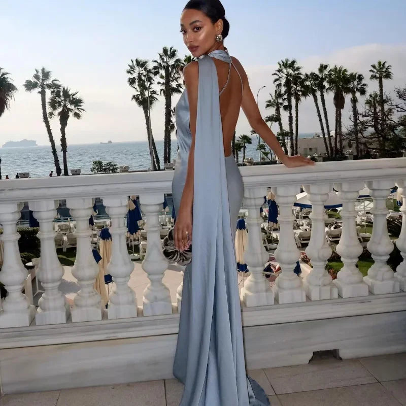 Femstylo backless lace-up maxi dress with ribbon straps, sleeveless evening gown, perfect for elegant parties.