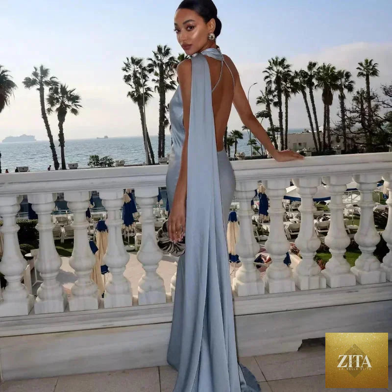 Femstylo backless lace-up maxi dress with ribbon straps, sleeveless evening gown, perfect for elegant parties.