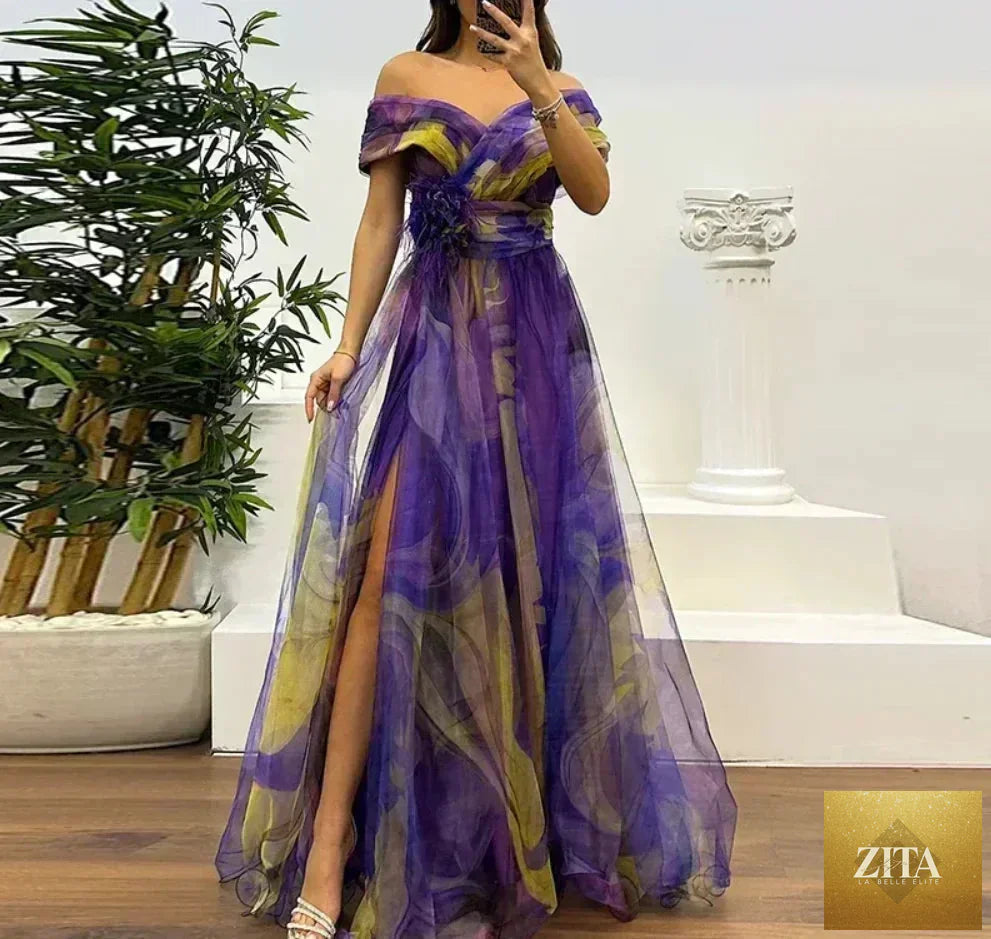 Women’s 2025 Femstylo high waist party dress with slit mesh fabric, one-shoulder design, pleated evening gown for cocktail and gala events.