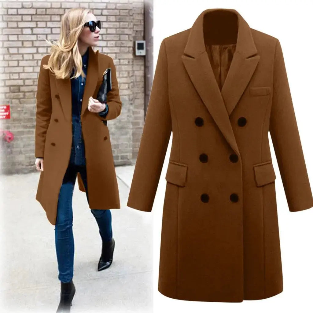 Mid-Length Woolen Women's Coat Double-Breasted Woolen Coats Trench Solid Color Autumn Winter Warm Outwear ZITA LA BELLE ÉLITE