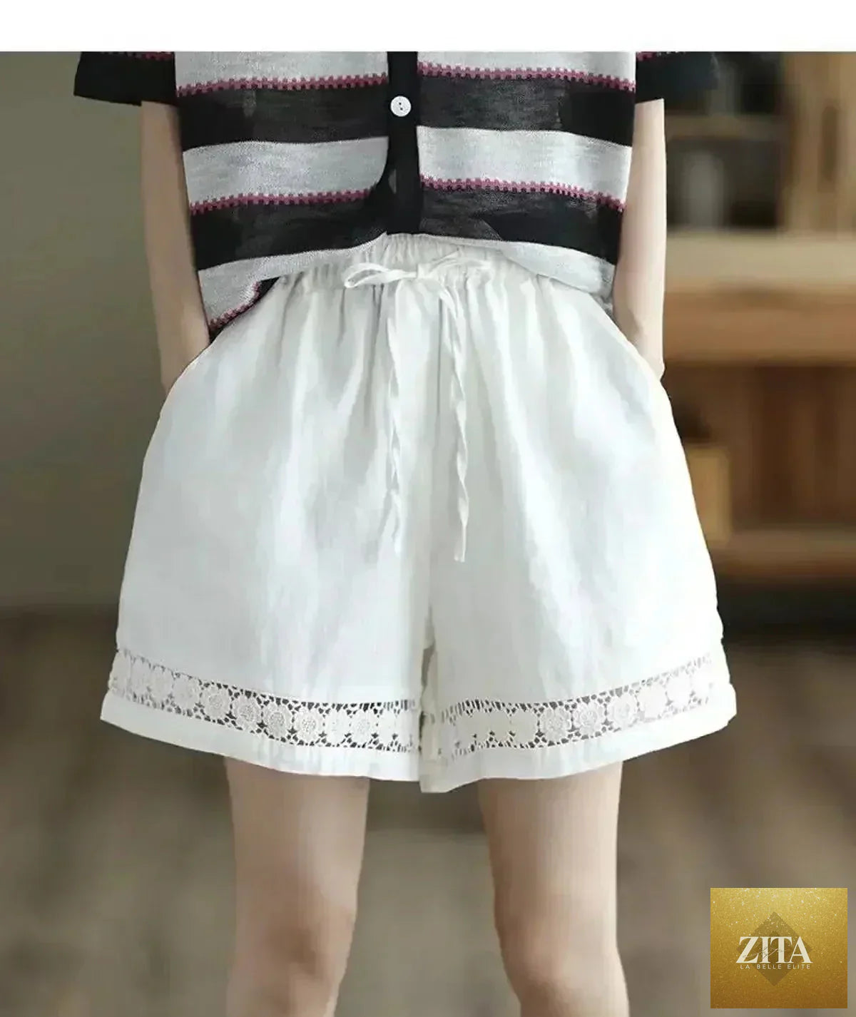 Femstylo cotton linen vintage high-waist shorts with tie belt, embroidered hollow design, casual straight fit, new style.
