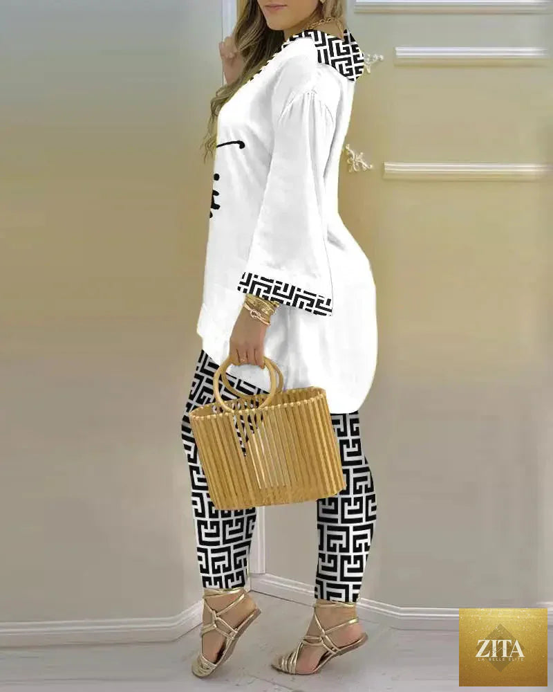 Women’s long sleeve V-neck two-piece set with printed polyester fabric, stylish and comfortable for casual wear.