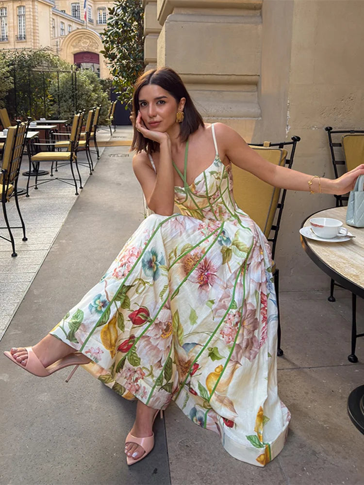 Elegant floral print halter neck corset waist maxi dress by FLIPSTYLEZLLC, sleeveless with flared hem, perfect for vacation or party wear.