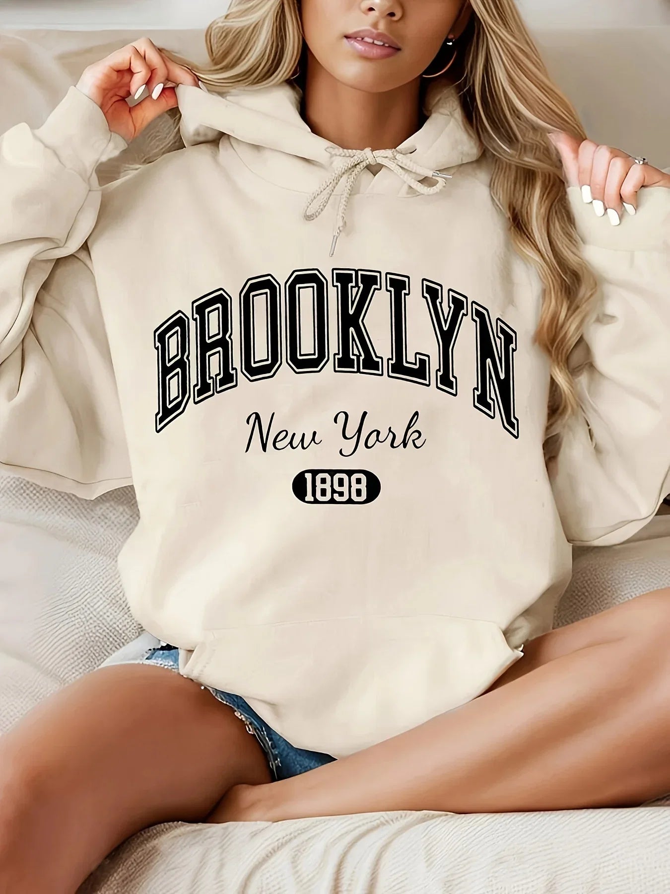 LadyShow Brooklyn New York 1898 hoodie sweatshirt with casual polyester fabric and alphabet pattern, featuring a hood and drawstring.