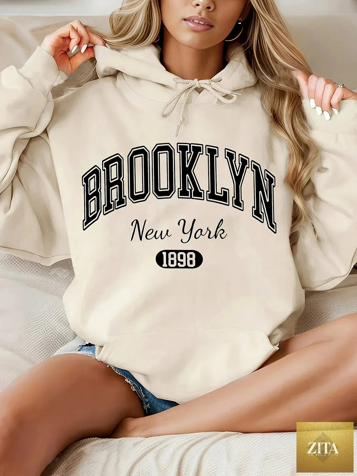 LadyShow.Store Brooklyn New York 1898 hoodie sweatshirt with casual polyester fabric and alphabet pattern drawstring hood.