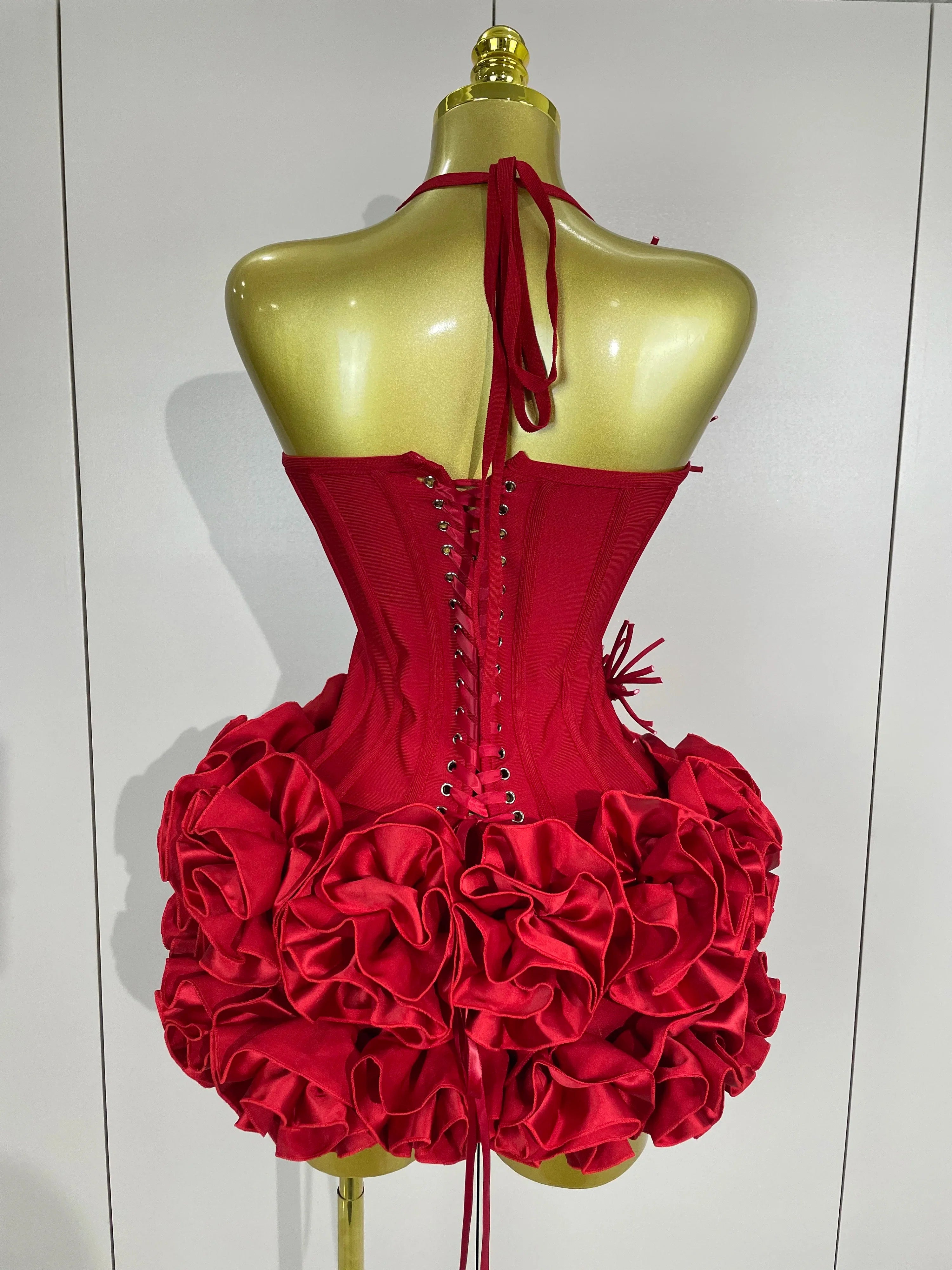 Elegant red and black two-piece halter prom gown by FLIPSTYLEZLLC, featuring a bandage design for women’s cocktail and party fashion.