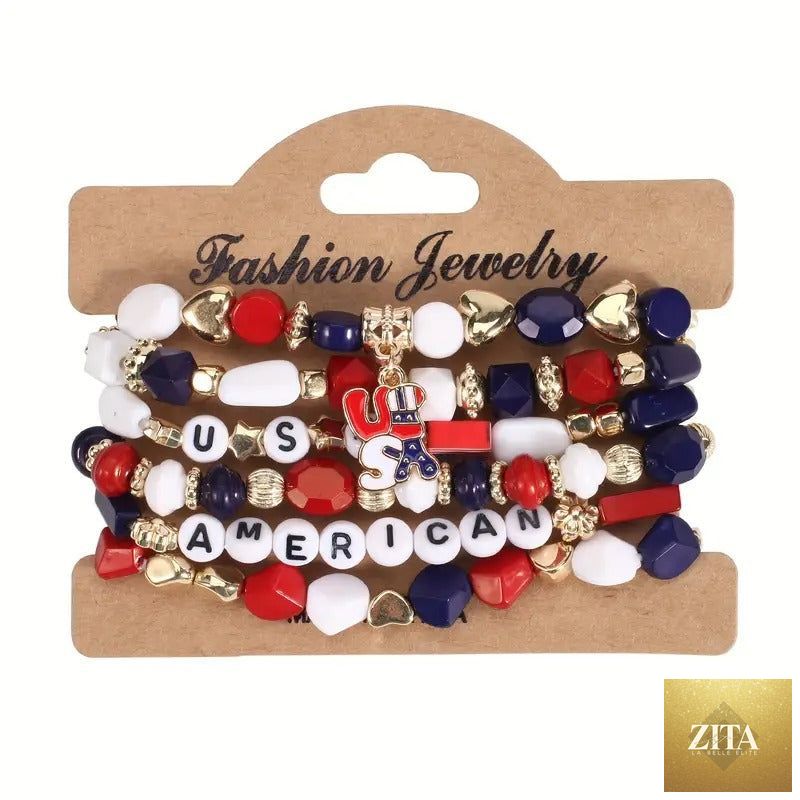 American flag-themed beaded stretch bracelet set by Lily and Lincoln, perfect for Independence Day celebrations.