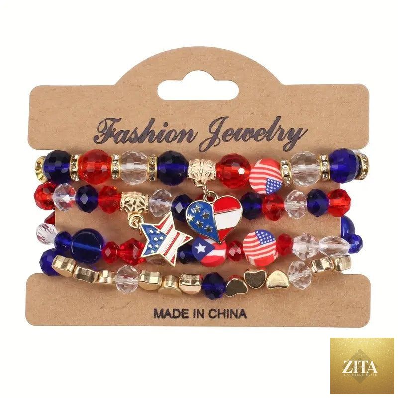 Set of American flag themed beaded stretch bracelets for Independence Day, featuring patriotic red, white, and blue designs.