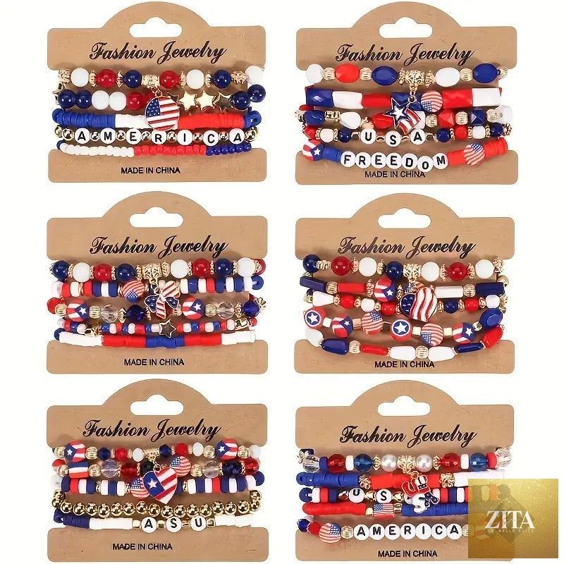 Set of American flag-themed bead stretch bracelets for Independence Day, featuring patriotic colors and flag designs by Zita La Belle Elite.