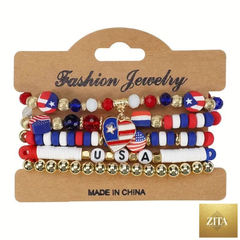 Set of American flag themed beaded stretch bracelets for Independence Day, featuring patriotic red, white, and blue designs.