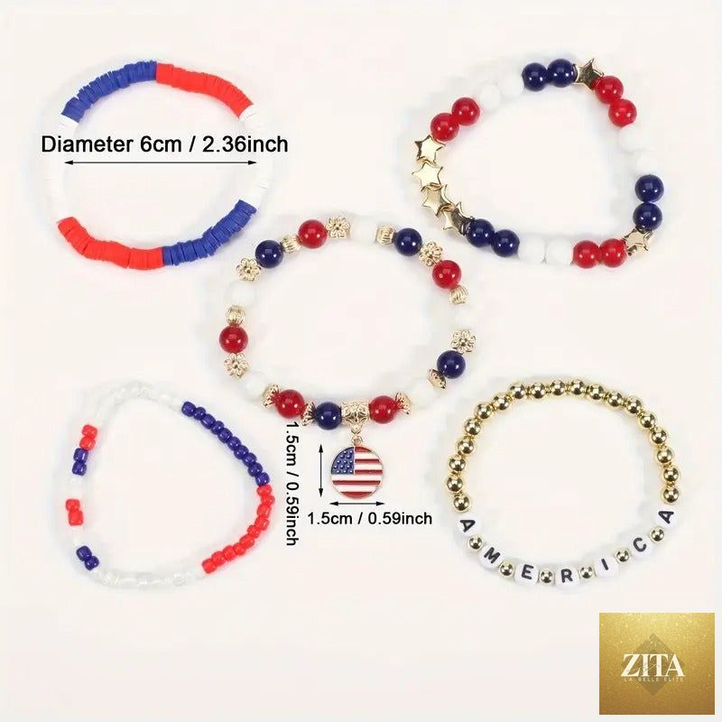 Set of American flag-themed beaded stretch bracelets for Independence Day, featuring red, white, blue colors and star motifs.
