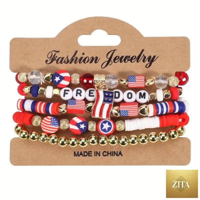 Set American flag theme beaded stretch bracelets for Independence Day, featuring red, white, and blue patriotic designs.
