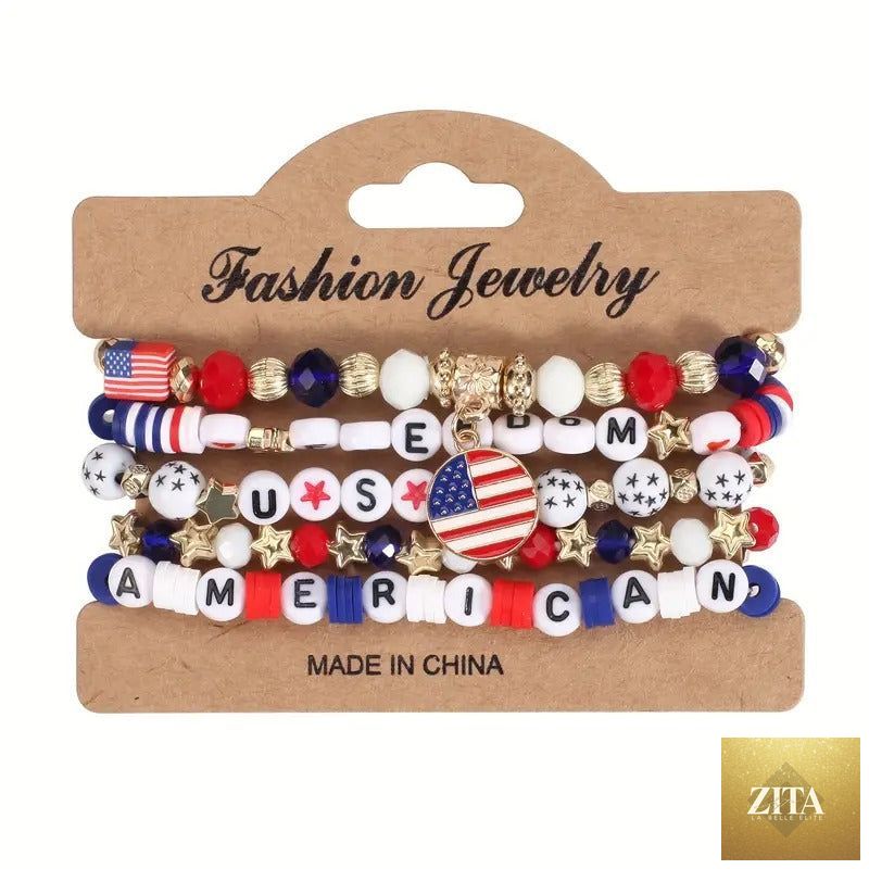 Set of American flag themed beaded stretch bracelets for Independence Day, featuring patriotic red, white, and blue beads by Zita La Belle Elite.