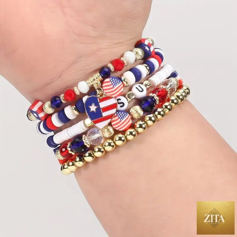 Set of American flag theme beaded stretch bracelets by Lily and Lincoln, featuring patriotic red, white, and blue beads for Independence Day.