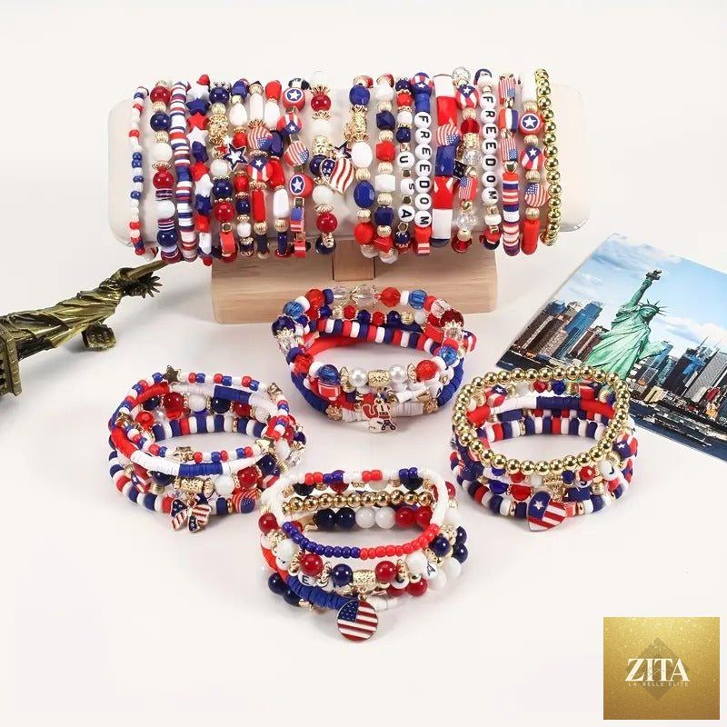 Set of American flag themed beaded stretch bracelets for Independence Day by Zita La Belle Elite, featuring red, white, and blue beads.
