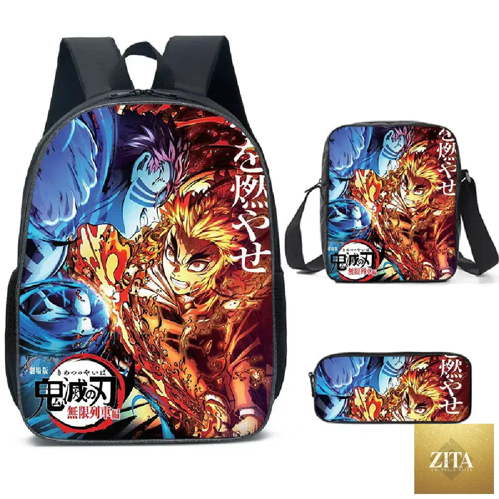 Nezuko Demon Slayer backpack set with 3 schoolbags featuring colorful anime character designs, made by Infinite Visibility.