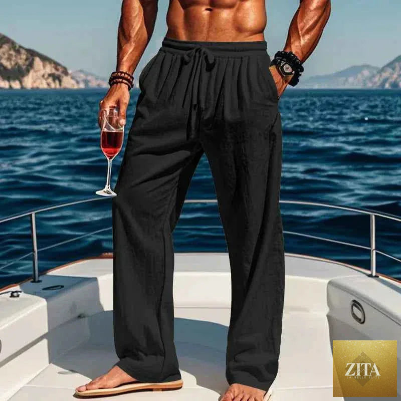 Men's 16-color linen yoga pants by THRIXINE, lightweight and breathable for spring and summer yoga practice, shown in multiple colors.
