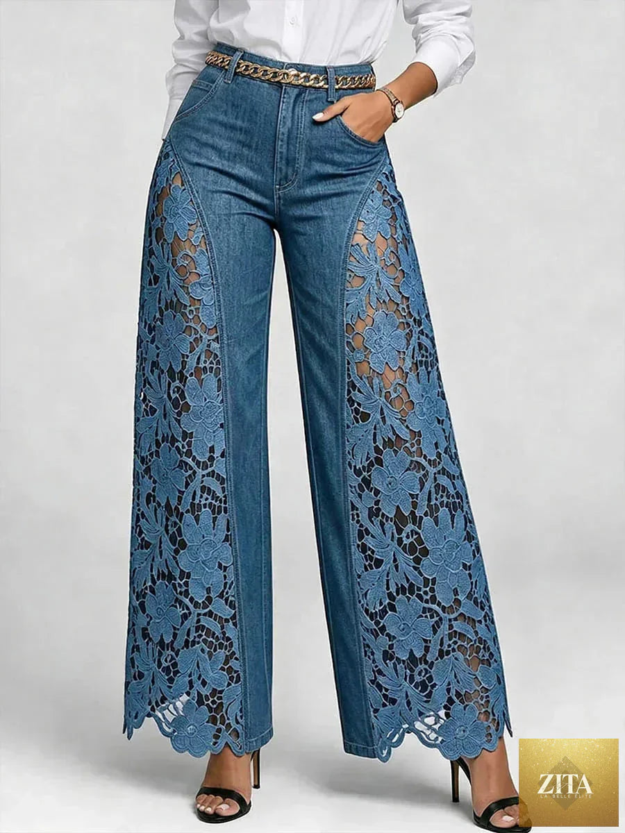 Women high waist lace spliced wide-leg denim jeans by FLIPSTYLEZLLC, showcasing flowy, casual loose fit with lace detail.