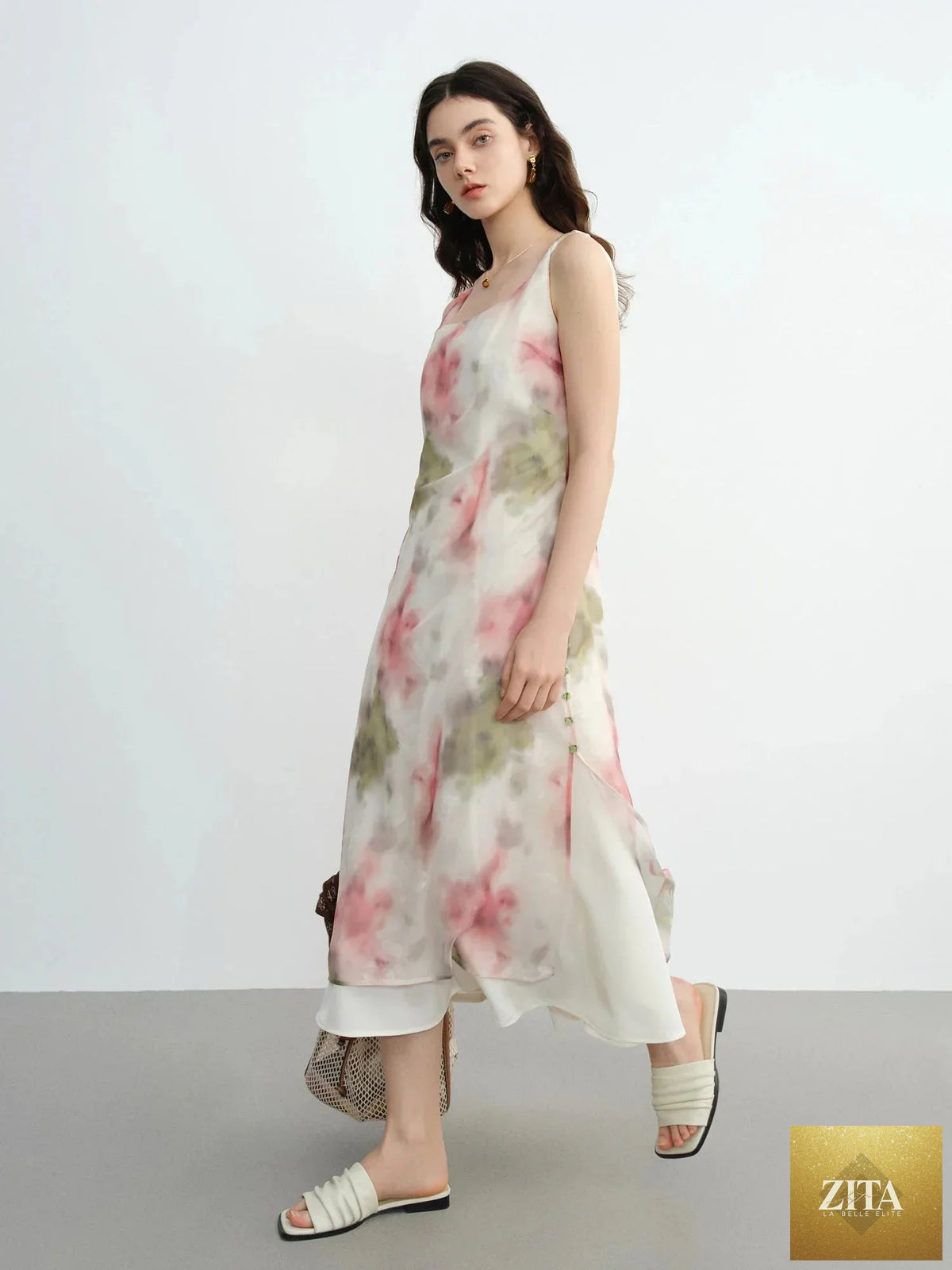 Loran plus size flocked blush strap dress with romantic summer style, featuring a fitted bodice and flowy skirt, perfect for warm-weather dates.