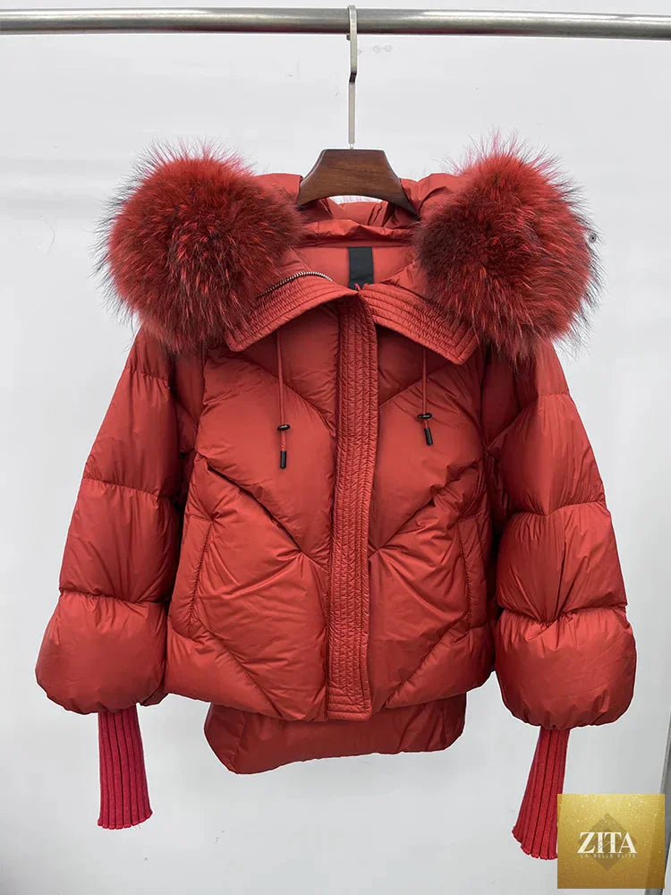 Women Winter Goose Down Jackets Real Fox Fur Collar Hooded Thick Natural Raccoon Fur Female Outwear Warm Loose Puffer Coats