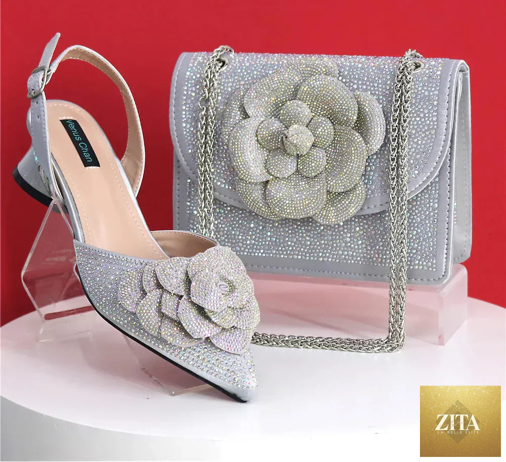 Elegant lady shoes and matching bag set with rhinestones from EdleessFashion, showcasing luxurious design and sparkling details.