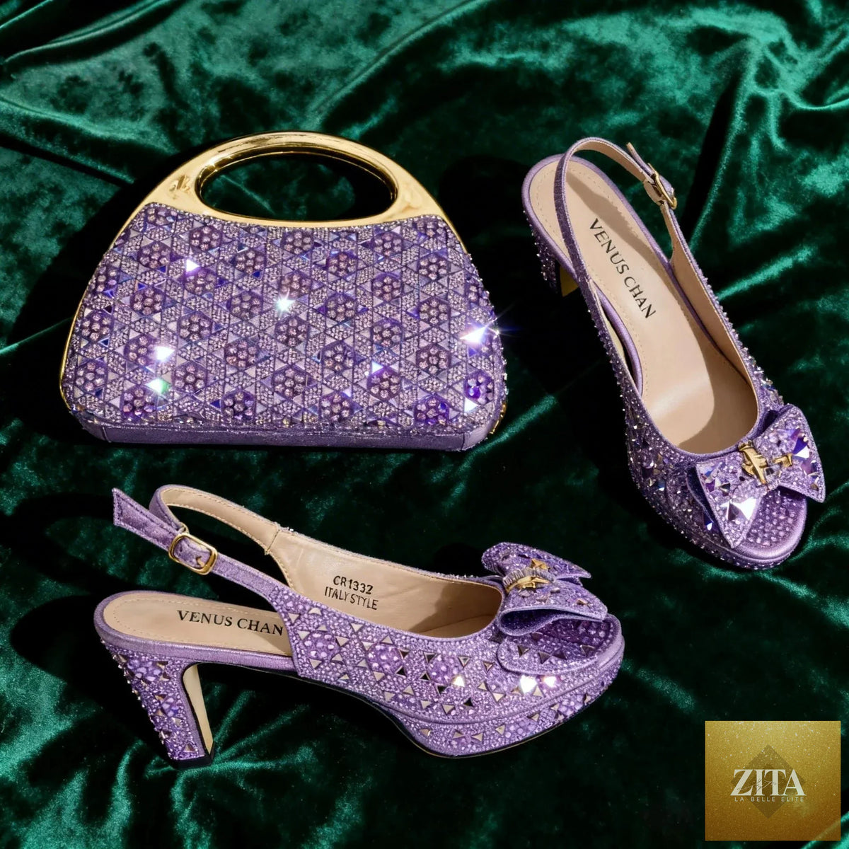 Luxurious EdleessFashion peep-toe high heel shoes and matching bag set, stylish and elegant for special occasions.