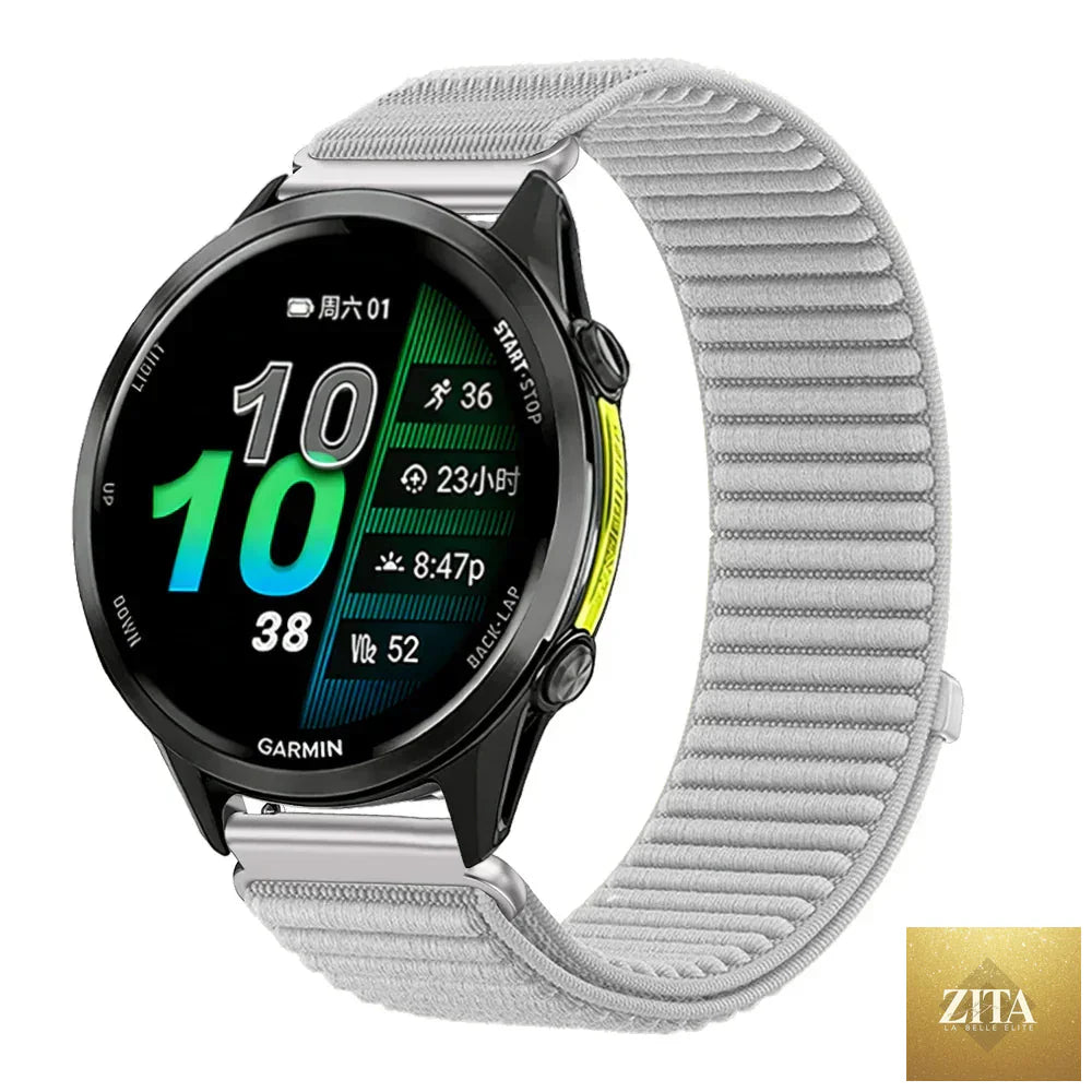Coros nylon breathable watch band attached to a COROS smartwatch, showcasing lightweight, comfortable strap for fitness tracking.