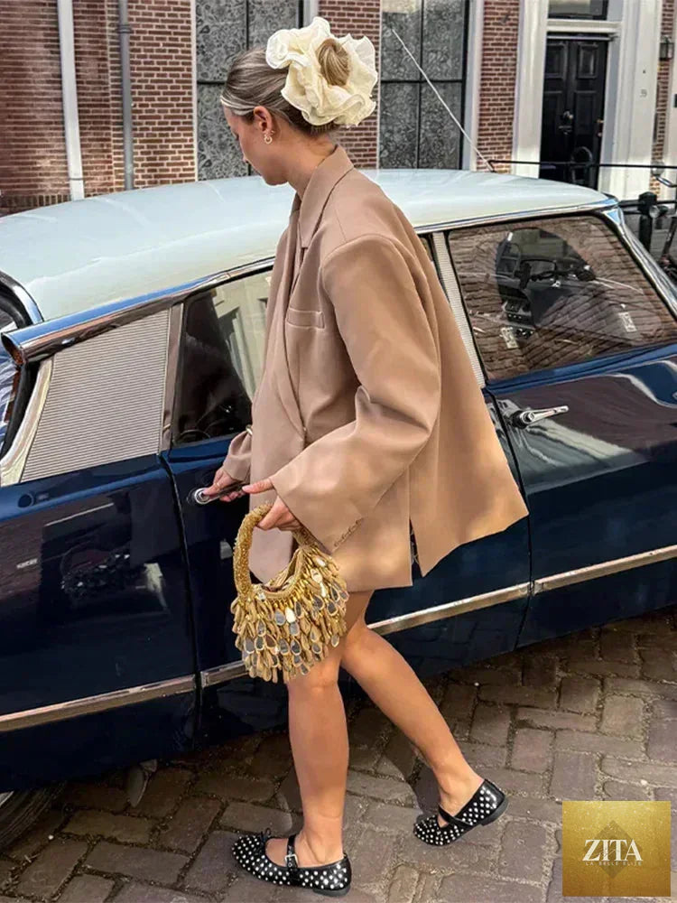 Women's Femstylo V-neck side-buttoned suit jacket with long sleeves, solid color, oversized fit, and pocket cuffs, suitable for high street style.