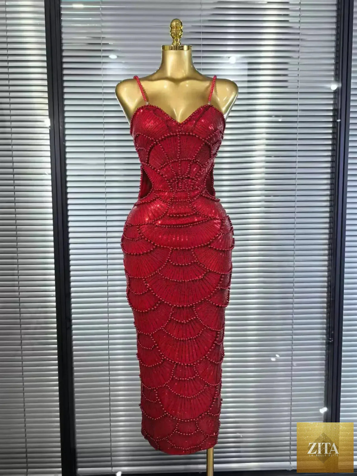 Pearl beaded sleeveless Christmas party dress by Femstylo, bodycon style perfect for holiday celebrations and festive events.